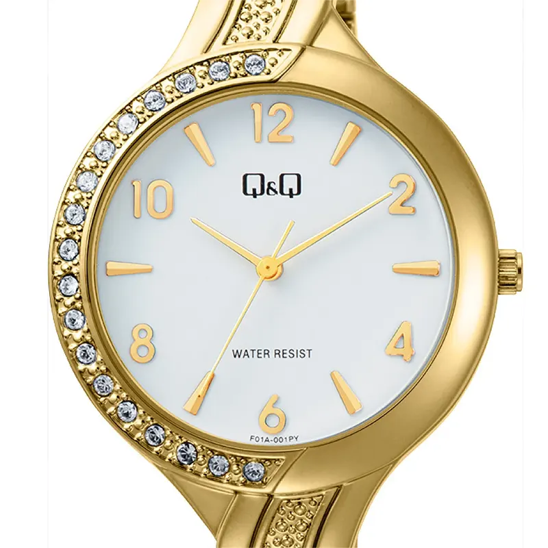 Q&Q White Dial Gold-tone Stone Ladies Watch- F01A-001PY
